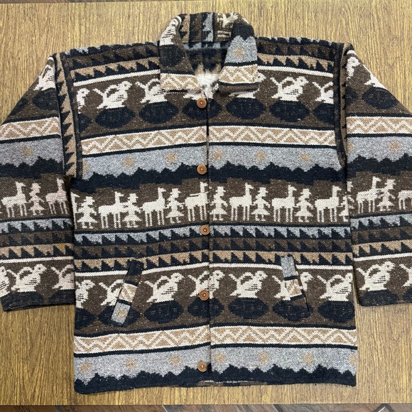 Vintage Alpaca Blanket Jacket Peru Bolivia Folk Llama Motif Wool Coat Men’s L - Picture 1 of 12